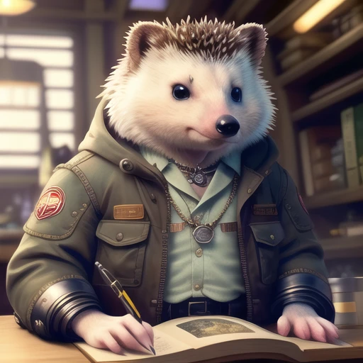 A hedgehog ((animal)) husband in a jacket, nostalgia, fantasy, sexy, professional majestic, realism, beautiful and detailed lighting, shadows, 4k, ((anime)) detailed, inspiring, masterpiece, beautiful, magical, magic, trending on ArtStation, trending on CGSociety, Intricate, High Detail, Sharp focus, dramatic, Pin-up, Otaku, cinematic, epic,  Style-Kitchen,