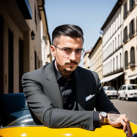 a man in a black italian suit, sitting in a vintage car in front of a building with a tattoo on his arm, serious face, bandholz beard++, wristwatch facing the camera, buzz cut hair, highly detailed, RAW, f/4, ISO 200, Speed 1/200, Single focus, White balance Sunny day, Aperture priority exposure