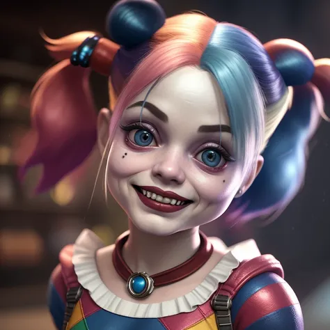 shy miniature, Cute small Harley Quinn, 1girl, solo,disney artwork, unreal engine, cozy indoor lighting, artstation, detailed, digital painting,cinematic,character design by mark ryden and pixar and hayao miyazaki, unreal 5, daz, hyperrealistic, octane render, wearing a multicolored outfit,