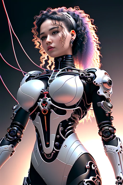 nousr robot, complex 3d render ultra detailed of a beautiful death angel, biomechanical cyborg, analog, 150 mm lens, beautiful natural soft rim light, big leaves and stems, roots, fine foliage lace, colorful details, samourai, Boris Bidjan Saberi outfit, pearl earring, piercing, art nouveau fashion embroidered, intricate details, mesh wire, mandelbrot fractal, anatomical, facial muscles, cable wires, microchip, badass, hyper realistic, ultra detailed, octane render, volumetric lighting, 8k post-production, red and white with a bit of black, detailled metalic bones, semi human, iridescent colors, Glenn Brown style, white room, power of the god, high-angle shot, complex body poses