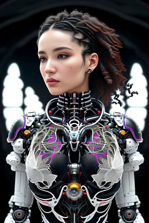 nousr robot, complex 3d render ultra detailed of a beautiful death angel, biomechanical cyborg, analog, 150 mm lens, beautiful natural soft rim light, big leaves and stems, roots, fine foliage lace, colorful details, samourai, Boris Bidjan Saberi outfit, pearl earring, piercing, art nouveau fashion embroidered, intricate details, mesh wire, mandelbrot fractal, anatomical, facial muscles, cable wires, microchip, badass, hyper realistic, ultra detailed, octane render,  volumetric lighting, 8k post-production, red and white with a bit of black, detailled metalic bones, semi human, iridescent colors, Glenn Brown style, white room, power of the god, high-angle shot, complex body poses