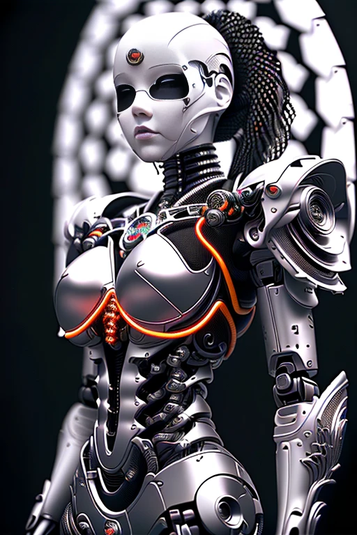 nousr robot, complex 3d render ultra detailed of a beautiful death angel, biomechanical cyborg, analog, 150 mm lens, beautiful natural soft rim light, big leaves and stems, roots, fine foliage lace, colorful details, samourai, Boris Bidjan Saberi outfit, pearl earring, piercing, art nouveau fashion embroidered, intricate details, mesh wire, mandelbrot fractal, anatomical, facial muscles, cable wires, microchip, badass, hyper realistic, ultra detailed, octane render, volumetric lighting, 8k post-production, red and white with a bit of black, detailled metalic bones, semi human, iridescent colors, Glenn Brown style, white room, power of the god, high-angle shot, complex body poses