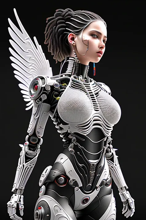 nousr robot, complex 3d render ultra detailed of a beautiful death angel, biomechanical cyborg, analog, 150 mm lens, beautiful natural soft rim light, big leaves and stems, roots, fine foliage lace, colorful details, samourai, Boris Bidjan Saberi outfit, pearl earring, piercing, art nouveau fashion embroidered, intricate details, mesh wire, mandelbrot fractal, anatomical, facial muscles, cable wires, microchip, badass, hyper realistic, ultra detailed, octane render, volumetric lighting, 8k post-production, red and white with a bit of black, detailled metalic bones, semi human, iridescent colors, Glenn Brown style, white room, power of the god, high-angle shot, complex body poses