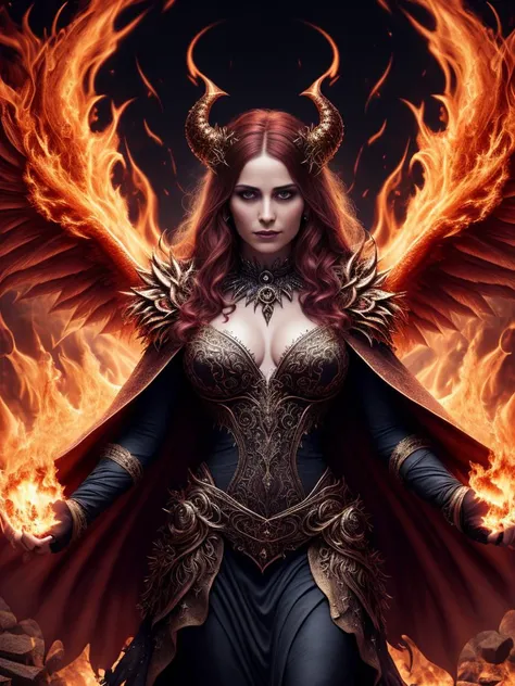 (extremely detailed 8k wallpaper)+, a medium shot photo of a demonic sorceress conjuring fire in a burning and destroyed village, Intricate, High Detail, dramatic, best quality masterpiece, photorealistic, detailed, 8k, HDR, backlighting, bloom, light sparkles, chromatic aberration, sharp focus