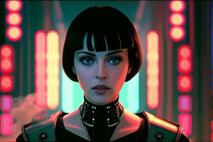 (((1980's cyberpunk))), (blade runner, science fiction), ((art by syd mead, futuristic, android assembly, cybernetics, symmetry, mysterious, holding up hands, smoke, eye contact)), photorealistic, glamorous, beautiful m0n1c4b31u-smf, android, glowing eyes, short bobcut hair, ((frightened, perfect teeth)), directed by dario argento, suspiria, facing camera, eye contact, looking at camera, sexy, seductive smile, mature, extremely high detail, film grain, chromatic aberration, golden light, backlit, sharp focus, sparse neon lights, multiple lights, wide angle lens, spaceport, retro, moody background, detailed background, <lora:monicabellucci_smf_lora_v2:1>