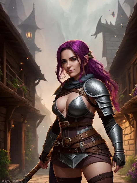 modelshoot style, award winning digital art of a halfling rogue woman, fully clothed, in a fantasy village, d&d, masterpiece, best quality, high contrast, soft lighting, backlighting, bloom, light sparkles, chromatic aberration, smooth, sharp focus