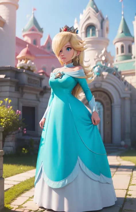 <lora:ros1:1>, aqua dress, looking at viewer, outdoors, simple background, crown, standing, (upper body) <lyco:SM(120R):0.8>,in the style of SM, rosalina