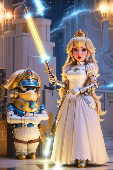 princess Peach, holding a lightsaber, storm trooper dress, r2d2 beside her,  in the style of SM <lyco:SM(120R):0.8>, 8k uhd, high quality, film grain, Fujifilm XT3