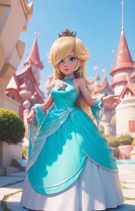 <lora:ros1:1>, aqua dress, looking at viewer, outdoors, simple background, crown, standing, (upper body) <lyco:SM(120R):0.8>,in the style of SM, rosalina