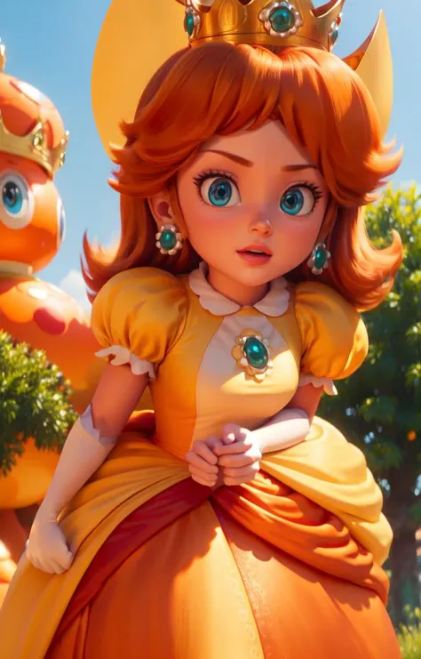 orange dress, looking at viewer, outdoors, simple background, crown, standing, upper body, <lyco:SM(120R):0.8>, <lora:daisy1:1>,in the style of SM, princess daisy