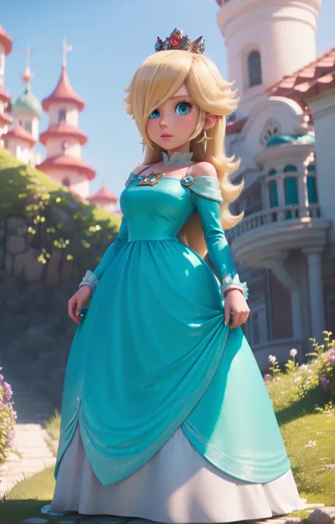 <lora:ros1:1>, aqua dress, looking at viewer, outdoors, simple background, crown, standing, (upper body) <lyco:SM(120R):0.8>,in the style of SM, rosalina