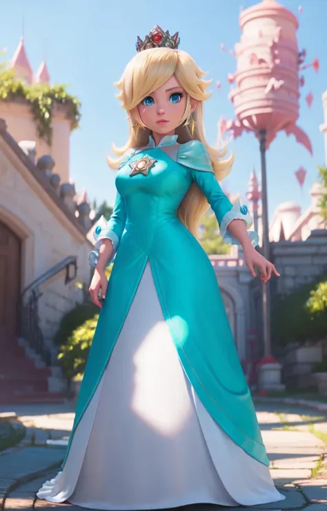 <lora:ros1:1>, aqua dress, looking at viewer, outdoors, simple background, crown, standing, (upper body) <lyco:SM(120R):0.8>,in the style of SM, rosalina