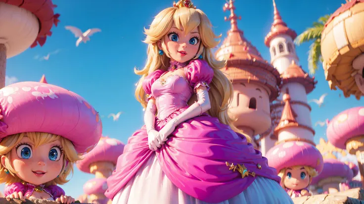 <lora:SM(120R):0.8>,A portrait of princess Peach in the style of SM,pink dress,perfect lighting,glossy lips,smile,cleavage,thighhighs,standing,blush,microskirt,pink panties,