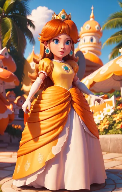 orange dress, looking at viewer, outdoors, simple background, crown, standing, upper body, <lyco:SM(120R):0.8>, <lora:daisy1:1>,in the style of SM, princess daisy