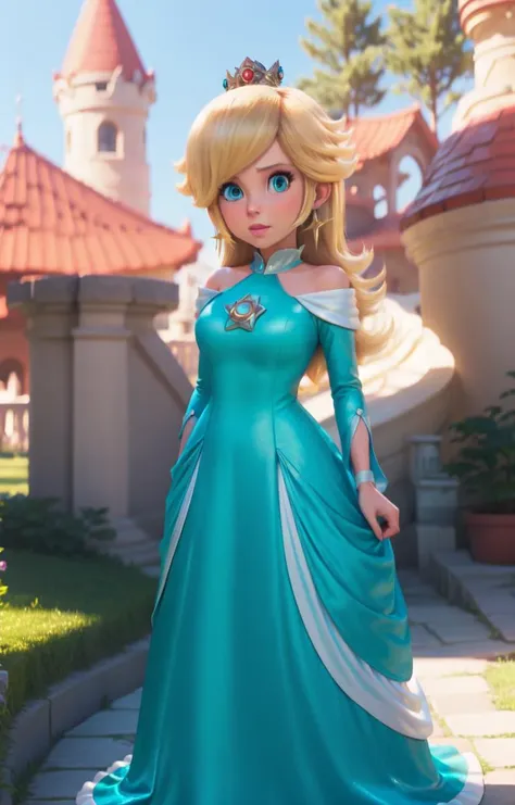 <lora:ros1:1>, aqua dress, looking at viewer, outdoors, simple background, crown, standing, (upper body) <lyco:SM(120R):0.8>,in the style of SM, rosalina