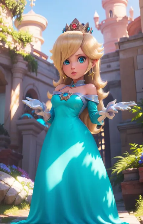 <lora:ros1:1>, aqua dress, looking at viewer, outdoors, simple background, crown, standing, (upper body) <lyco:SM(120R):0.8>,in the style of SM, rosalina