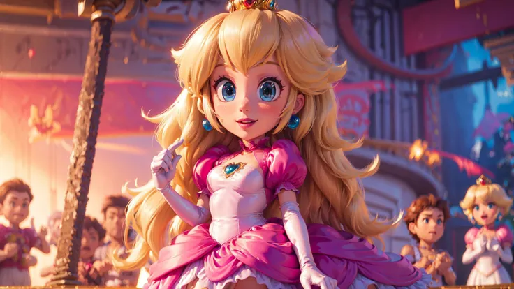 <lora:SM(120R):0.8>,A portrait of princess Peach in the style of SM,pink dress,perfect lighting,glossy lips,smile,cleavage,thighhighs,standing,blush,microskirt,pink panties,