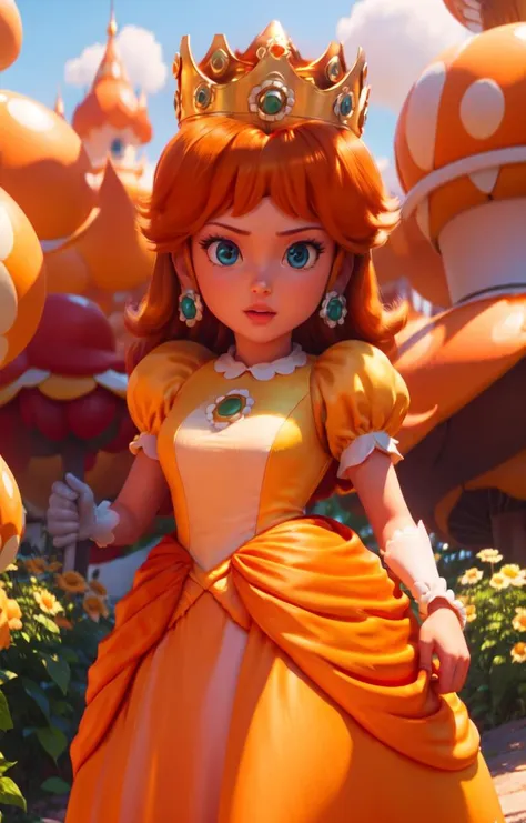 orange dress, looking at viewer, outdoors, simple background, crown, standing, upper body, <lyco:SM(120R):0.8>, <lora:daisy1:1>,in the style of SM, princess daisy