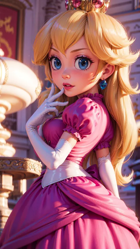 <lyco:SM(120R):0.8>A portrait of princess Peach in the style of SM,pink dress,perfect lighting,glossy lips,(smirk:0.6),