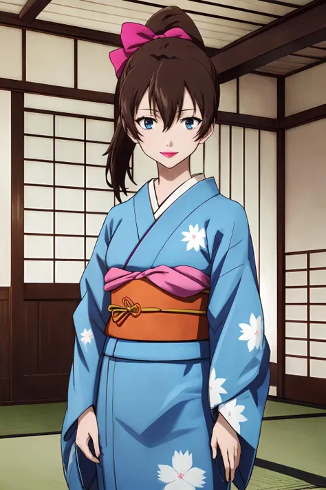 (masterpiece, best quality:1.2), highres, anime screencap, anime coloring, 1girl, solo, smile,
Hiromi_Yuasa, brown hair, long hair, bangs, hair between eyes, blue eyes, medium breasts, makeup, lips, lipstick, ponytail, hair bow, pink bow,
japanese clothes, kimono, yukata, obi, sash,
indoors, japanese room, tatami,
<lora:add_detail_CyberAlchemist:0.4>, <lora:GoodHands-beta2:1.0>, <lora:HiromiYuasa-000010:1>,