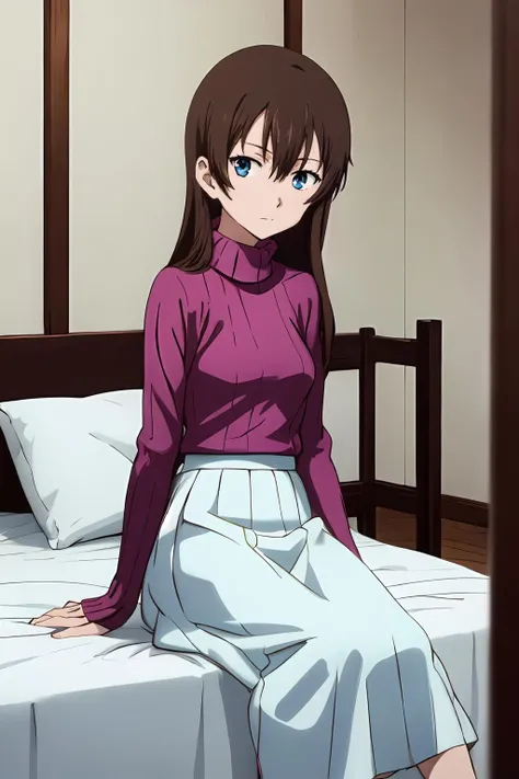 (masterpiece, best quality:1.2), highres, anime screencap, anime coloring, 1girl, solo,
Hiromi_Yuasa, brown hair, long hair, bangs, hair between eyes, blue eyes, medium breasts,
pink sweater, turtleneck, white skirt, long skirt,
sitting on bed, leaning back,
indoors, private room, bed, looking at viewer, head on,
<lora:add_detail_CyberAlchemist:0.4>, <lora:GoodHands-beta2:1.0>, <lora:HiromiYuasa-000010:1>,