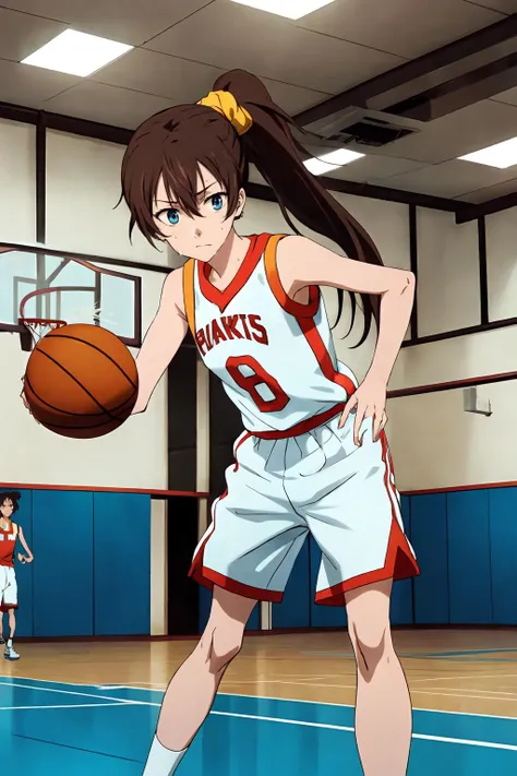 (masterpiece, best quality:1.2), highres, anime screencap, anime coloring, 1girl, solo, sweat, dynamic pose,
Hiromi_Yuasa, brown hair, long hair, bangs, hair between eyes, blue eyes, medium breasts, ponytail, hair scrunchie,
basketball uniform, sleeveless shirt, bare shoulders, sneakers, white socks, basketball,
standing,
indoors, gym, basketball court, basketball hoop,
<lora:add_detail_CyberAlchemist:0.4>, <lora:GoodHands-beta2:1.0>, <lora:HiromiYuasa-000010:1>,