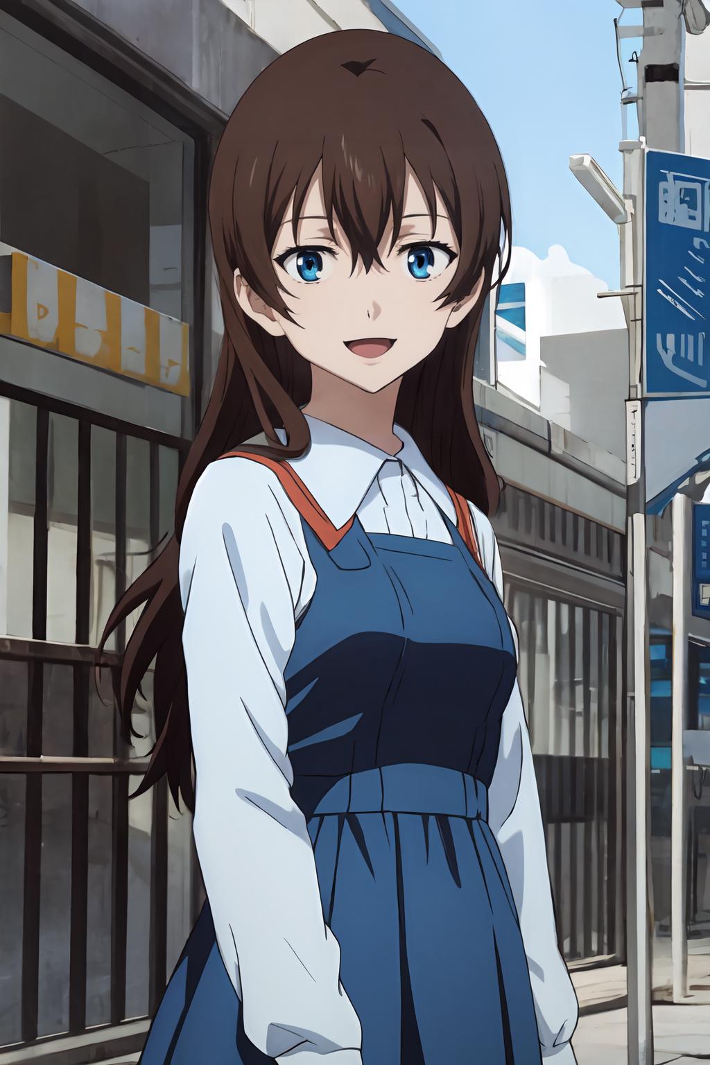 A close up of a woman in a blue dress standing on a street - SeaArt AI
