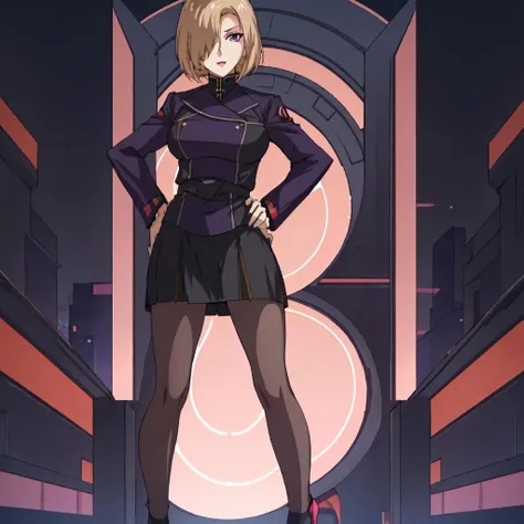 <lora:Rin_Suzukaze-10:1>outdoor,city,Masterpeace,high quality,Rin_Suzukaze, 1girl, solo, short hair, purple eyes, blonde hair, hair over one eye, uniform, military uniform, makeup, lipstick, pink lips, high heels, black shoes,standing, full body,hands on hips,black skirt