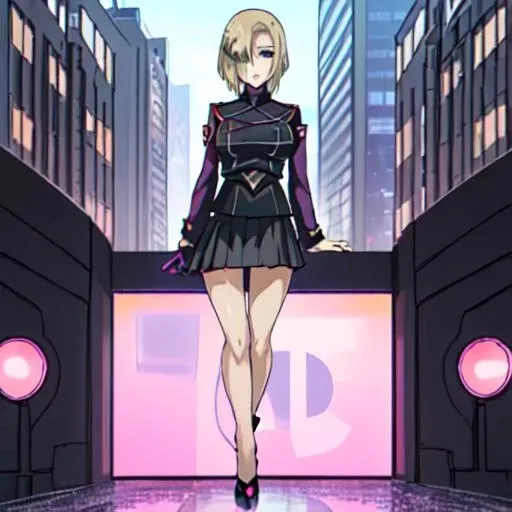<lora:Rin_Suzukaze-10:1>outdoor,city,Masterpeace,high quality,Rin_Suzukaze, 1girl, solo, short hair, purple eyes, blonde hair, hair over one eye, uniform, military uniform, makeup, lipstick, pink lips, high heels, black shoes,black skirt,bare legs,tight skirt
