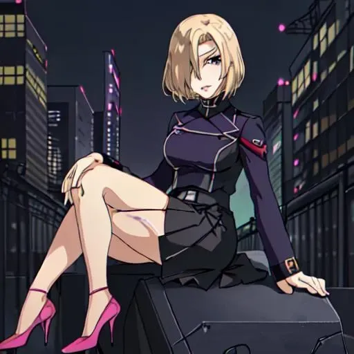<lora:Rin_Suzukaze-10:1>Rin_Suzukaze, 1girl, solo, short hair, purple eyes, blonde hair, hair over one eye, uniform, military uniform, makeup, lipstick, pink lips, high heels, black shoes