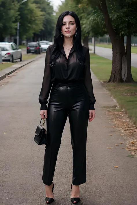 <lora:cumfacial55_v2:0.8> 1girl, black hair, long hair, outside, walking, cumfacial55, facial, dark blouse, pants, high heels,
