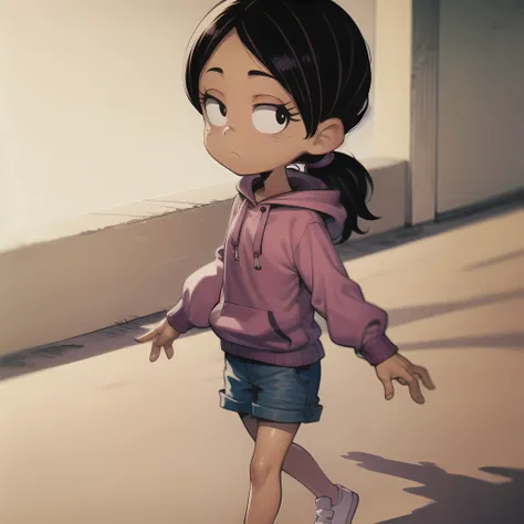 ((masterpiece, best quality)),(complex light),solo,solo focus,1girl, ronnie anne, ,hoodie, <lora:ronnie_anne1-10:0.8>,shorts, black eyes, tan skin, ponytail, walking, freckles