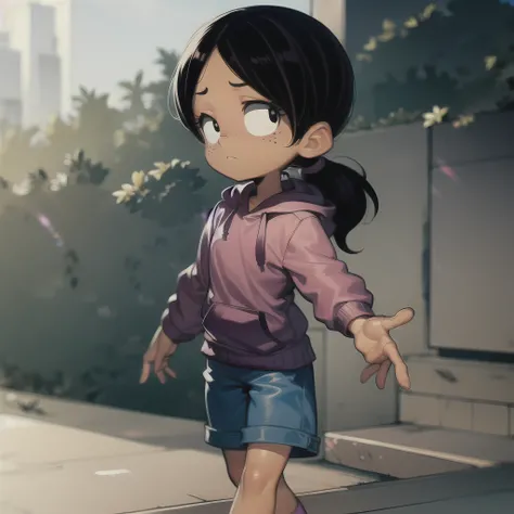 ((masterpiece, best quality)),(complex light),solo,solo focus,1girl, ronnie anne, ,hoodie, <lora:ronnie_anne1-10:0.8>,shorts, black eyes, tan skin, ponytail, walking, freckles