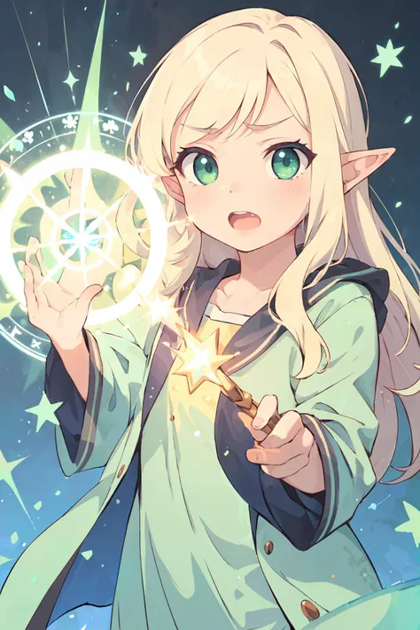 ((8k,  masterpiece, best quality, ultra-detailed)), anime, fantasy,
1girl, solo, 
kawaii, cute face, small face, blonde hair, longhair, bangs, sidelocks ,small breasts,
elf, pointy ears, summoner,
BREAK,
green eyes, green robe, green clothes,
(light particles:1.2), magic, magic circle, casting spell,
wince, (open mouth:0.7),
(cowboy shot:1.2),
looking at viewer, <lora:Squeezer2:1>