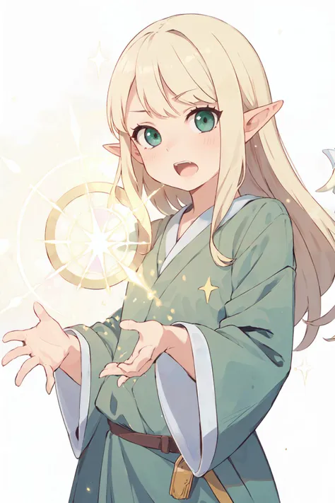 ((8k,  masterpiece, best quality, ultra-detailed)), anime, fantasy,
1girl, solo, 
kawaii, cute face, small face, blonde hair, longhair, bangs, sidelocks ,small breasts,
elf, pointy ears, summoner,
BREAK,
green eyes, green robe, green clothes,
(light particles:1.2), magic, magic circle, casting spell,
wince, (open mouth:0.7),
(cowboy shot:1.2),
looking at viewer, <lora:Squeezer2:1>