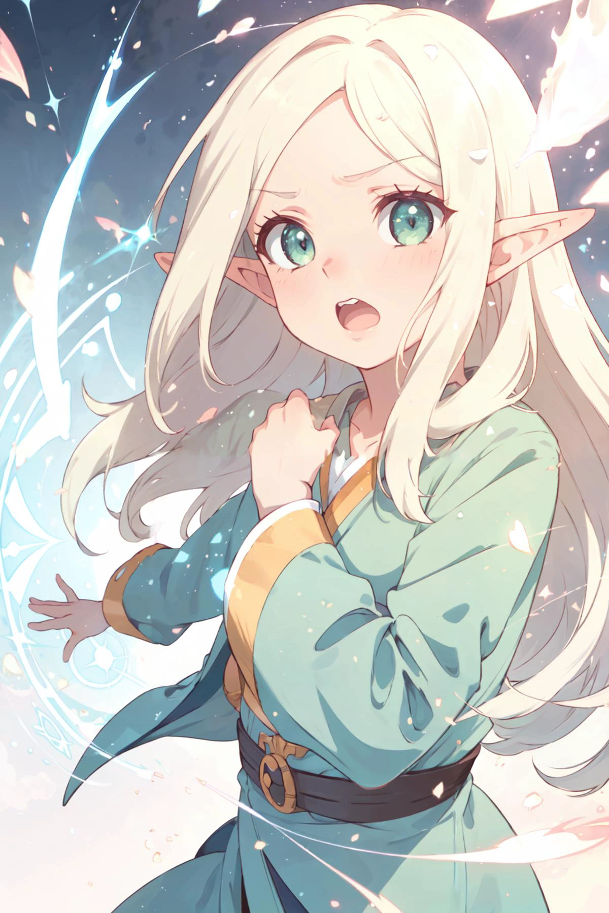 ((8k, masterpiece, best quality, ultra-detailed)), anime, fantasy,
1girl, solo,
kawaii, cute face, small face, blonde hair, longhair, bangs, sidelocks ,small breasts,
elf, pointy ears, summoner,
BREAK,
green eyes, green robe, green clothes,
(light particles:1.2), magic, magic circle, casting spell,
wince, (open mouth:0.7),
(cowboy shot:1.2),
looking at viewer, <lora:Squeezer2:1>