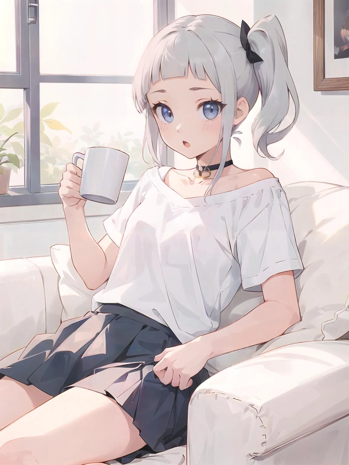 finely best quality illustration,flat illustration style,comic style,(blunt bangs:1.3),(very short bangs:1.5),(forehead:1.2),silver blonde hair,
1girl,gyaru,harajuku fashion,
white shirt, school uniform, side ponytail,choker, necklace,
bara top,off shoulder, denim skirt,
lying ,couch, room,morning,
(o o:1.2), looking to the side, coffee mug,