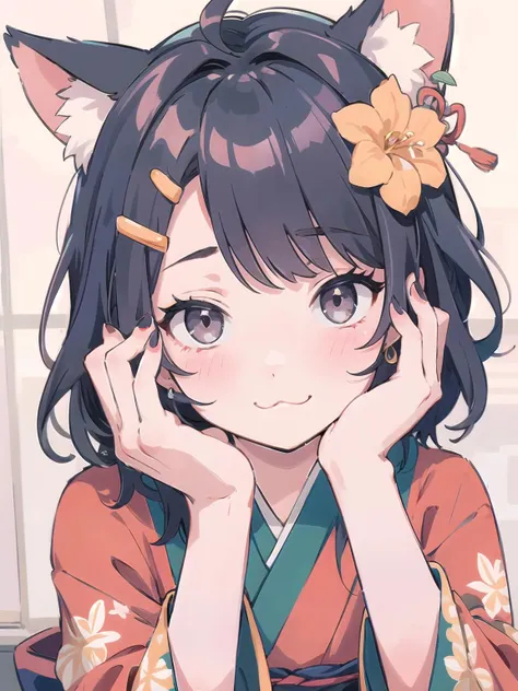 masterpiece, best quality,1girl,(:3:1.3) ,(close-up face:1.4),animal ear fluff, animal ears, bangs, black hair, blush, closed mouth, earrings, floral print, grey eyes, hair ornament, hairclip, hands on own cheeks, hands on own face, head rest, japanese clothes, jewelry, kimono, long sleeves, looking at viewer, print kimono, red nails, smile, solo, tassel, upper body, wide sleeves,