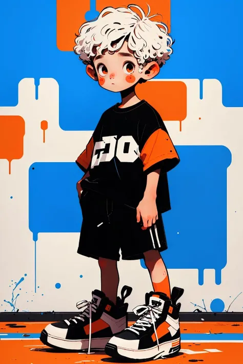 <lora:æ¶é¸¦01:1.2>,A boy with short white hair,black T-shirt,orange shorts,white sneakers,hands in pockets,white background,graffiti on the background,simple details,masterpiece,high quality,