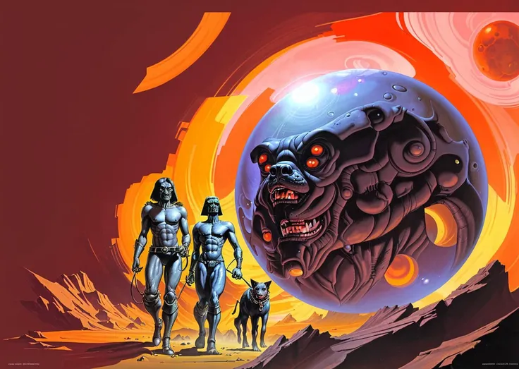 a man walking his dog, alien planet background, weird dog, caza <lora:CazA:1>