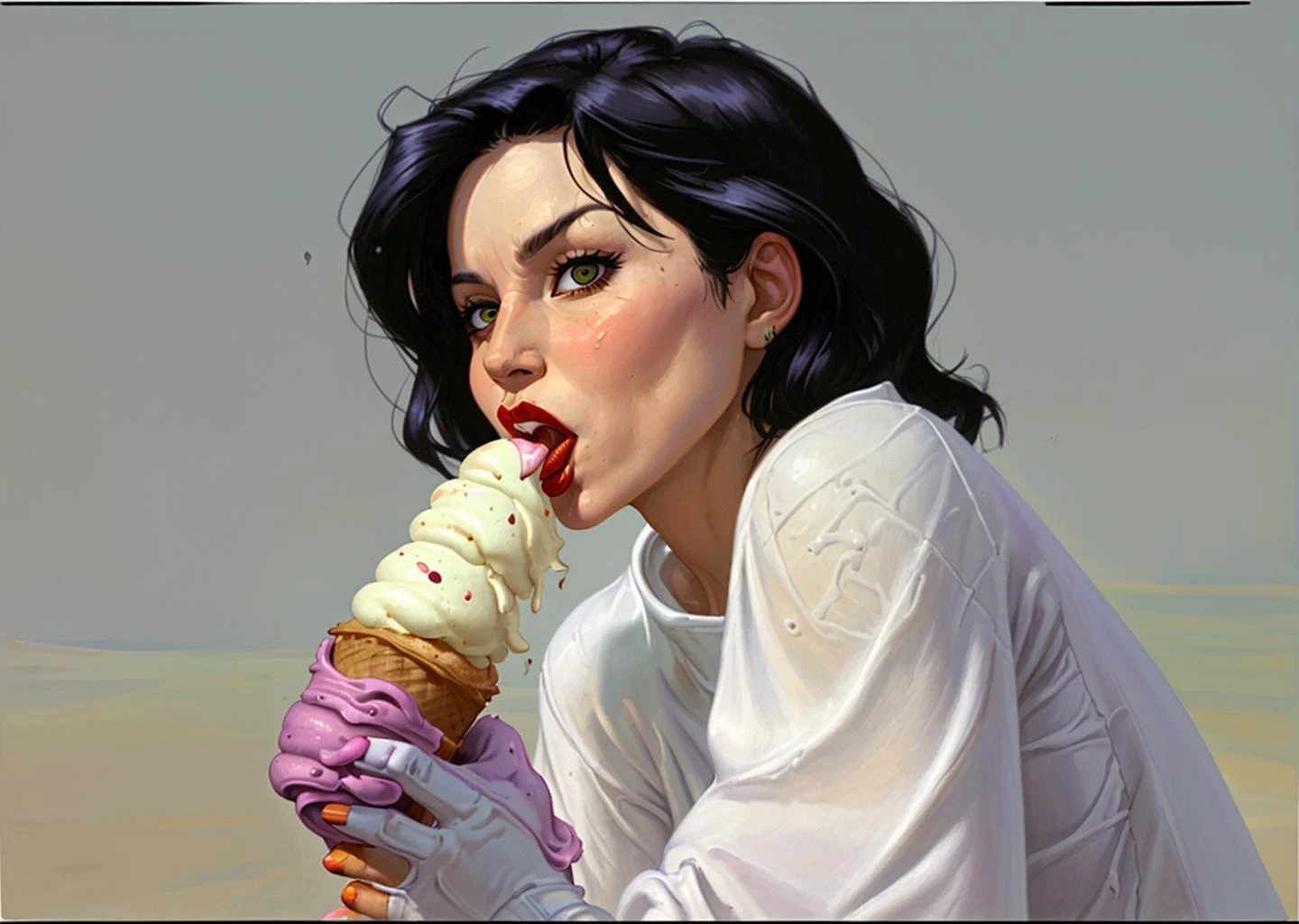 a fully clothed woman eating an ice cream cone on a hot day, caza <lora:CazA:1>