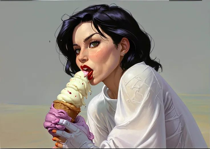 a fully clothed woman eating an ice cream cone on a hot day,  caza <lora:CazA:1>