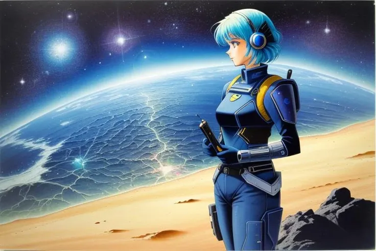 ((masterpiece,best quality)),
a space bounty hunter girl on the surface of an alien planet
sci-fi,
a planet in the background
70s style,
<lora:CazA:0.8>