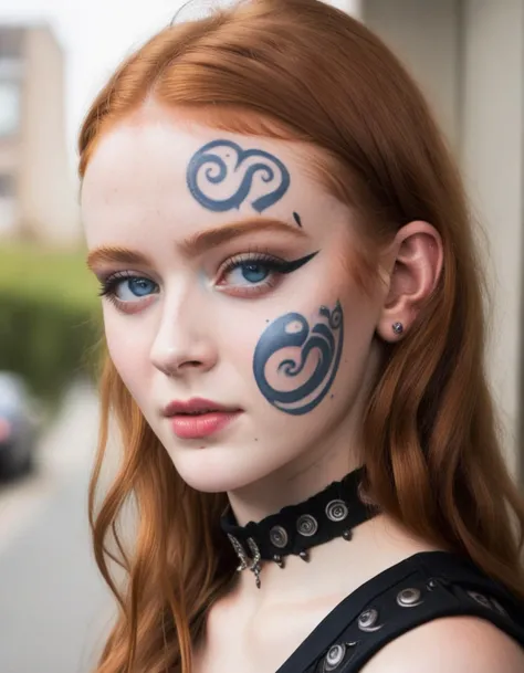 ,ohwx, blue eyes, ginger hair, slim figure, extreme face closeup, goth, (face tattoo:1.3),(piercings:1.3) <lora:sadie_lora_sdxl_v4:1>