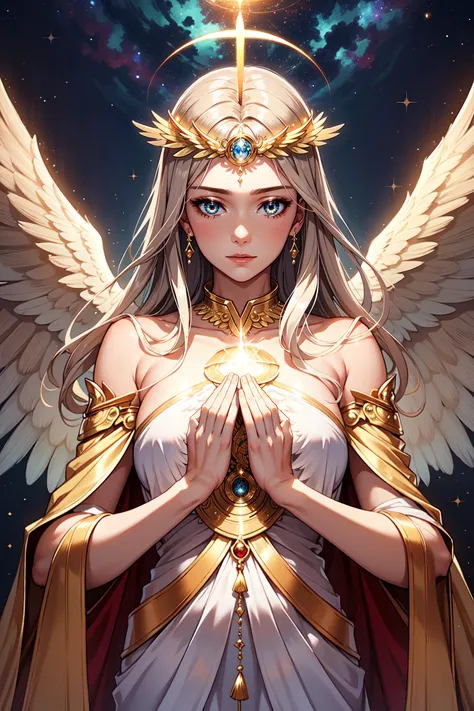 photorealistic, (hyperrealistic:1.2), beautiful, masterpiece, best quality, extremely detailed face, perfect lighting, <lyco:GoodHands-beta2:1.0>, nice hands, perfect hands,    A divine and radiant angel in celestial splendor, (heavenly presence:1.2), (serene expression), (majestic wings), (ethereal glow:1.1), (peaceful and comforting), (transcendent beauty), (divine grace), (symbol of purity), (golden halo), (uplifting atmosphere), (celestial realm), (spiritual enlightenment), (gentle and protective), (illuminating light:1.2), (seraphic figure), (harmony and serenity), (angelic robes), (timeless and celestial), (captivating aura), (healing and guidance)