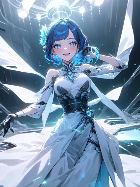 best quality,<lora:add_detail:0.25>, <lora:style_neoFuturisticTech_(neotech--sleek):1>, neotech, cowboy shot,
(1girl, solo, adult female, mature female),
<lora:concept_goodHands:1>,
sleek ornate gown, neotech makeup, blue mascara, formal hairstyle, dancing, movement, laughing, happy, neotech jewelry, high-waist, glowing sash, glowing dress, mechanical parts,
blue hair, short bangs,
formal event, formal background, crowd background, neotech formal room, neotech chandelier,