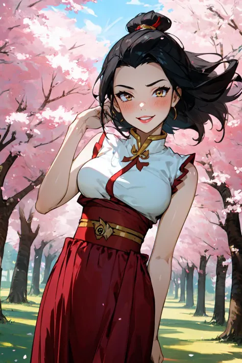 best quality,<lora:add_detail:0.3>, (1girl, solo, adult female, mature female), <lora:character_azulaATLA_(Azula):0.65>, Azula, black hair, gold eyes, <lora:concept_goodHands:1>,
 <lora:concept_costume_virginKillerOutfit_v10_(virgin killer outfit):0.95>, virgin killer outfit, light blush, smile, parted lips, high-waist skirt, makeup, mascara, looking at viewer, happy, sleeveless, (shy), outside, cherry blossom trees, hand in hair, windy, ornate clothes, sash