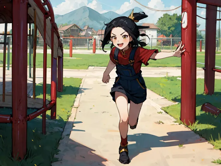 best quality,<lora:add_detail:0.3>, (1girl, solo, child), <lora:character_azulaATLA_(Azula):0.65>, Azula, black hair, gold eyes, <lora:concept_goodHands:1>,
outside, playground, laughing, running, grass