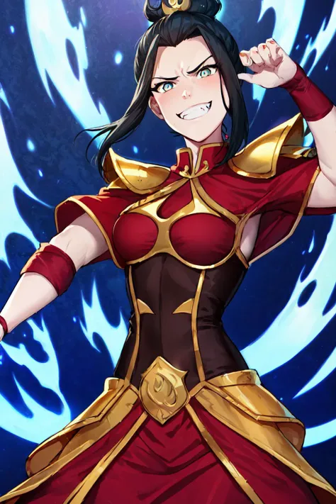 best quality,<lora:add_detail:0.3>, (1girl, solo), <lora:character_azulaATLA_(Azula):0.7>, Azula, black hair, blue fire, gold armor, ornate corset, constricted pupil, evil grin, scary, dynamic pose, action pose, movement, medium breasts, windy, explosion background, pelvic curtain, <lora:concept_goodHands:1>