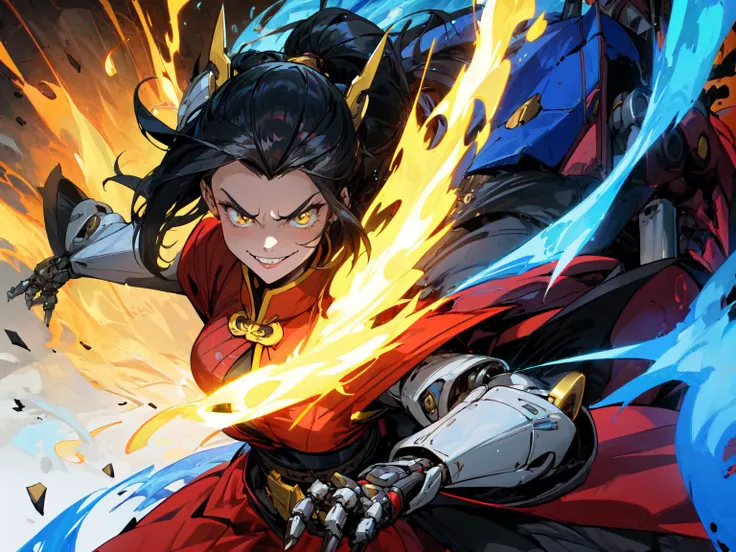 best quality,<lora:add_detail:0.3>, (1girl, solo, adult female, mature female), <lora:character_azulaATLA_(Azula):0.65>, Azula, black hair, gold eyes, <lora:concept_goodHands:1>,
<lora:concept_AMechaSSS[color_theme,mecha musume, mechanical parts,robot joints,headgear]:0.8>, mecha musume, blue fire, fire armor, mechanical parts, robot joint, headgear, martial arts pose, evil smile, scary, evil,